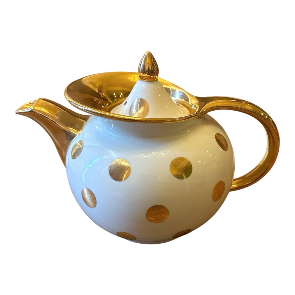 Vintage Hall Windshield Teapot Ivory Gold Dot Ceramic 1940
